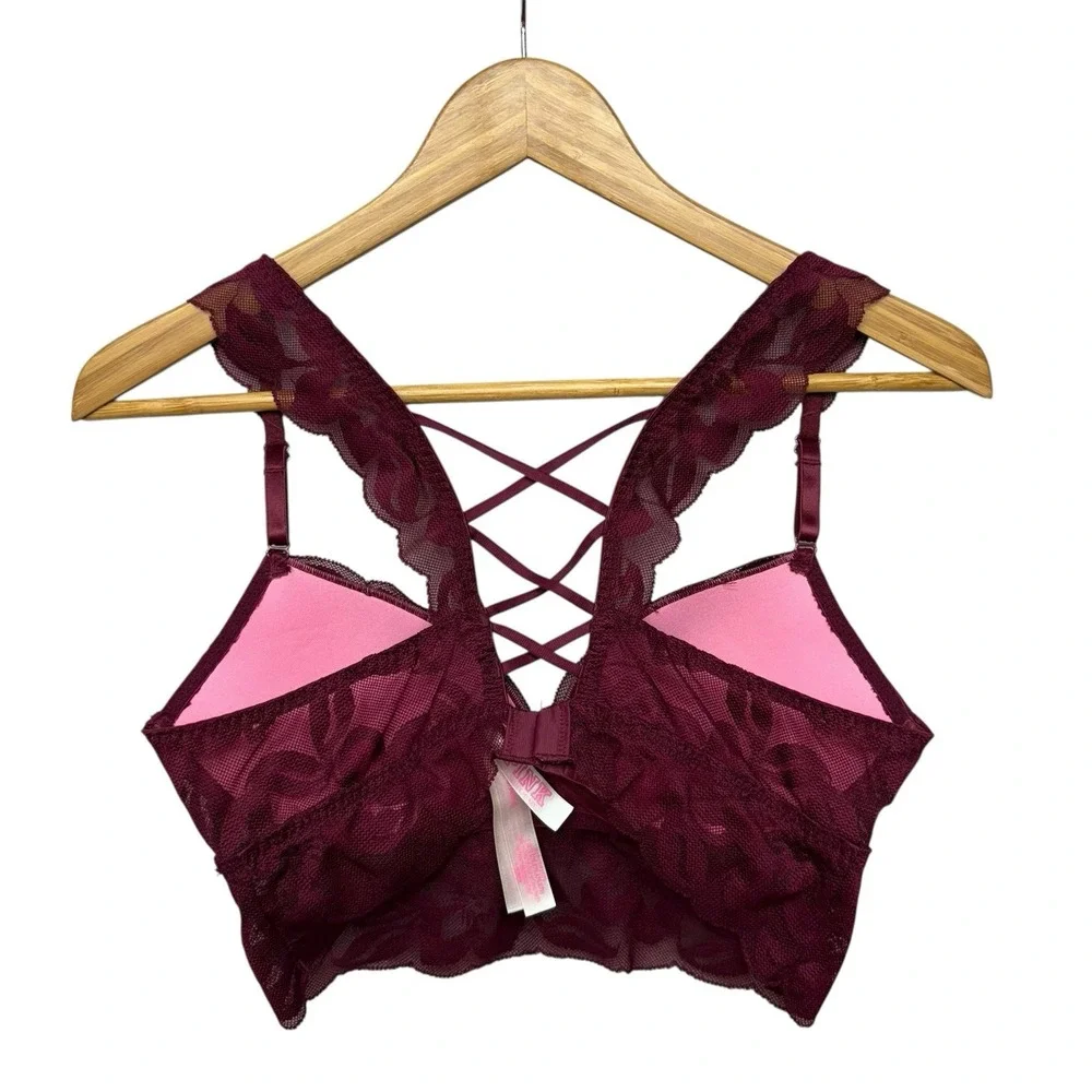 Victoria Secret PINK Bra Small Burgundy Push Up Lace Floral Fairy Whimsical